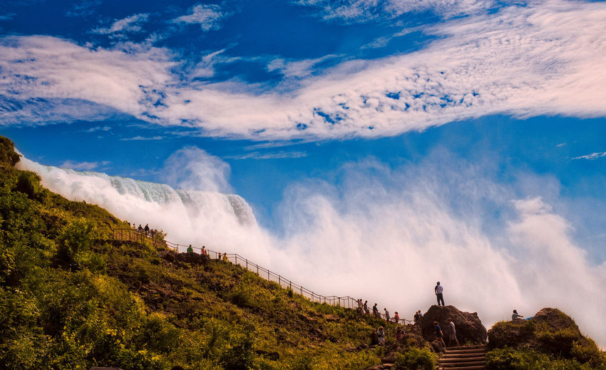 Panoramic shot from the side of niagara falls towards the sky