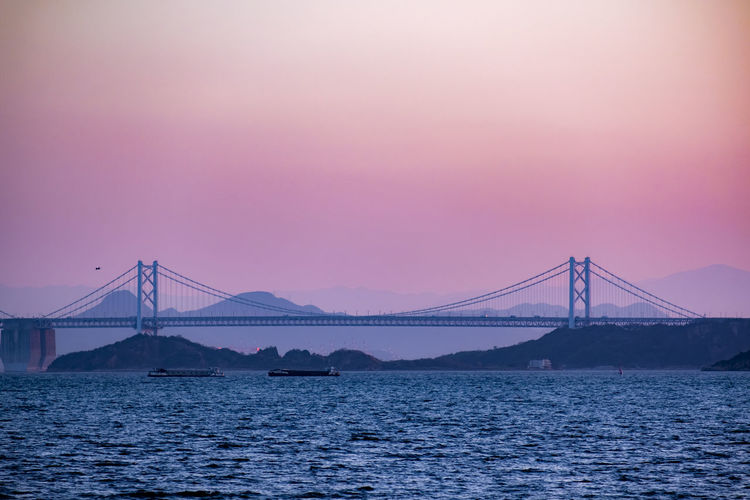 View of suspension bridge at sunset