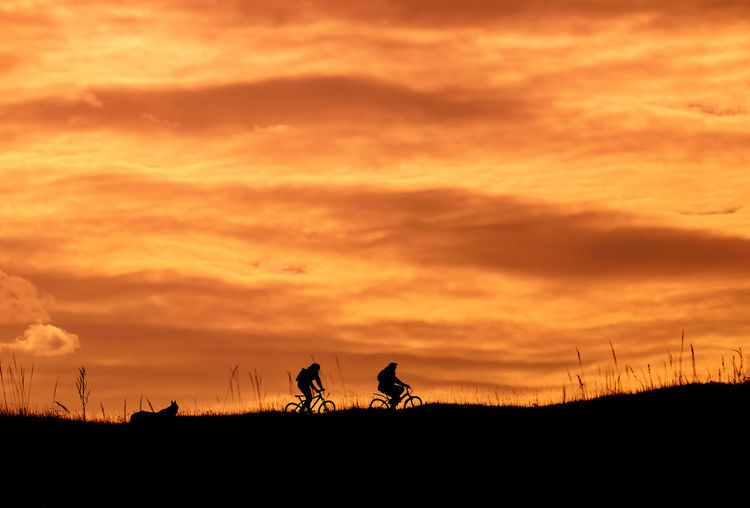 Silhouette people riding on field against dramatic sky during sunset