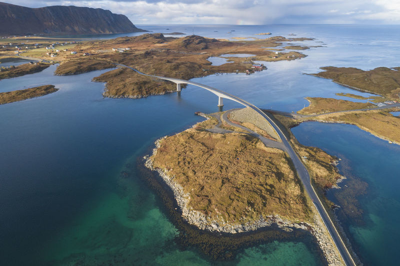 Bridge over norway fjords from aerial view